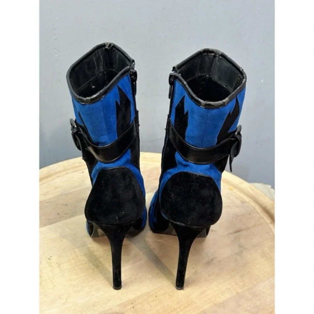 Mimoza Blue Black Geometric Patchwork‎ Peep Toe Stiletto Ankle Boots Mens 7.5
